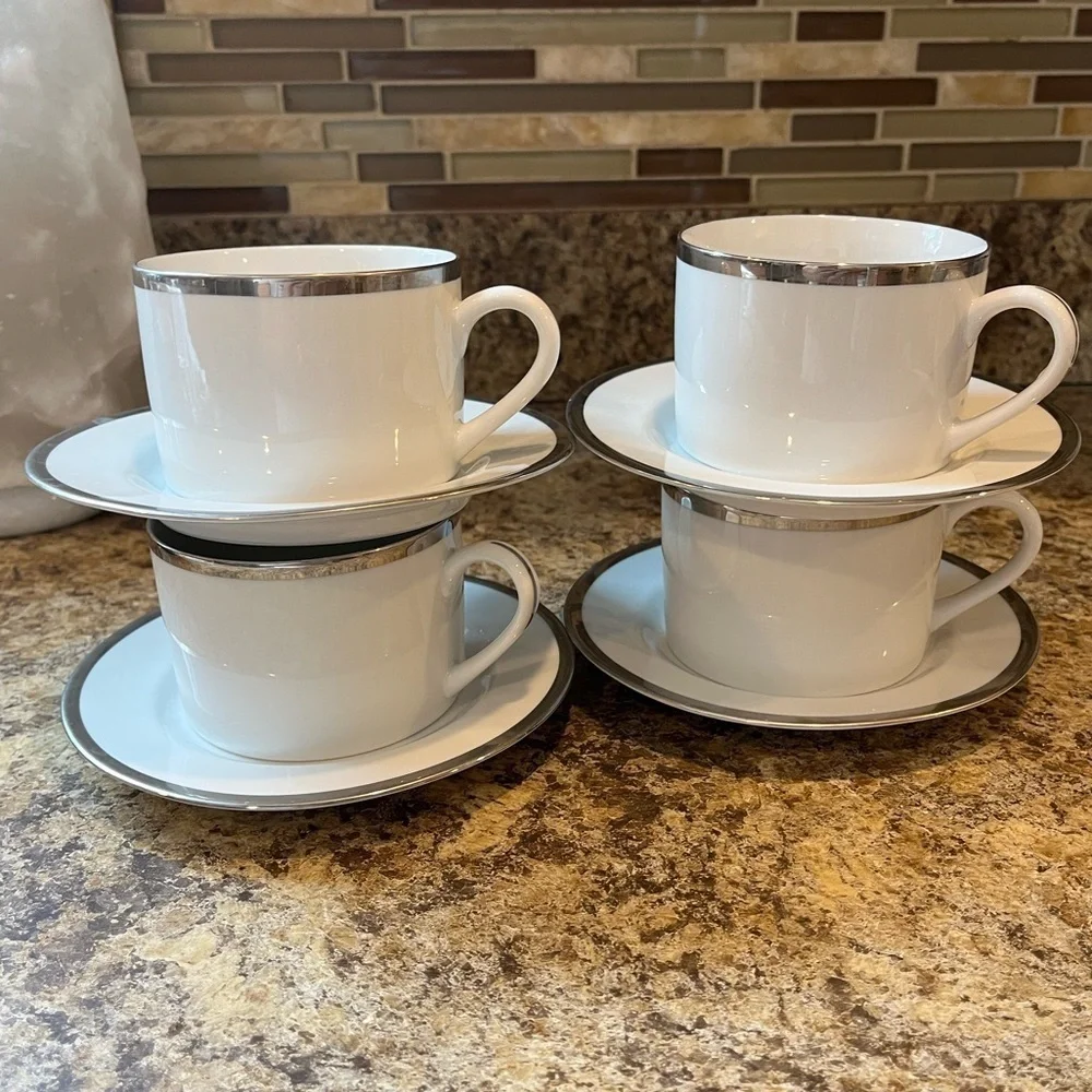 Pier 1 Monno Bangladesh Elegant White and Silver Tea Cups and Saucers Set of 4
